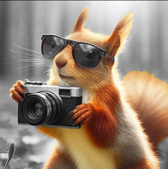 Logo with a squirrel taking pictures with a camera.